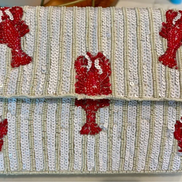 🦞 NWT Made in India White and Red Lobster Sequin Shoulder Bag - Picture 2 of 6